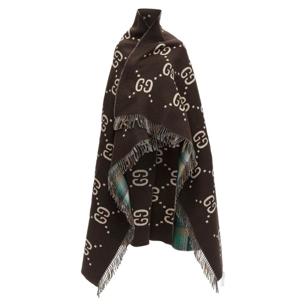 Gucci 100% wool green red plaid tartan brown GG monogram blanket scarf - Picture 1 of 10